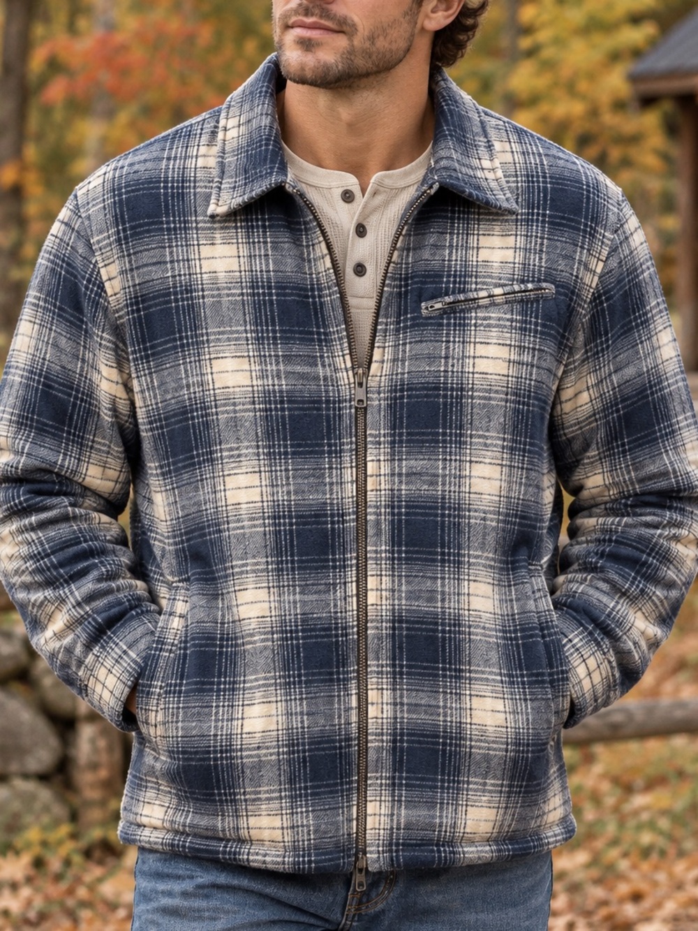 Jachs New York Full Zip Plaid Flannel Shirt Jacket Size XL Navy Cream